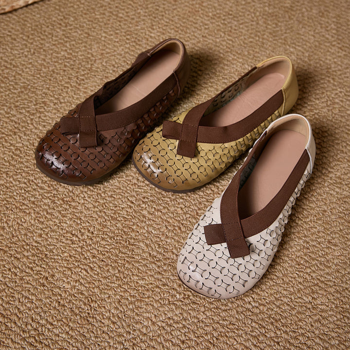 Mocassins à enfiler perforés rétro Mori Girl pour femmes en beige/café/jaune