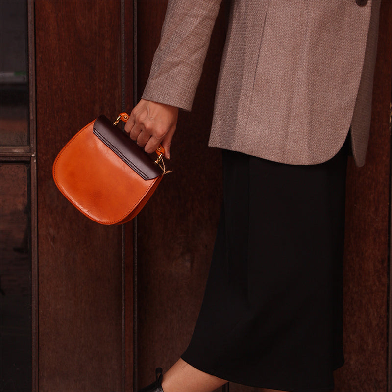 Sac à Bandoulière et à Poignée Supérieure en Cuir Plein Grain Fait Main, Sac Classique de Tous les Jours en Noir/Marron Foncé