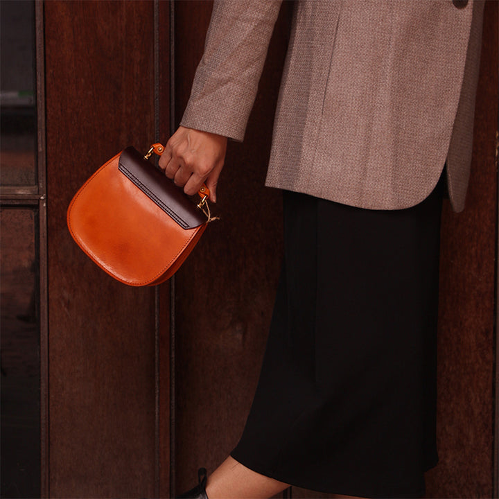 Sac à Bandoulière et à Poignée Supérieure en Cuir Plein Grain Fait Main, Sac Classique de Tous les Jours en Noir/Marron Foncé