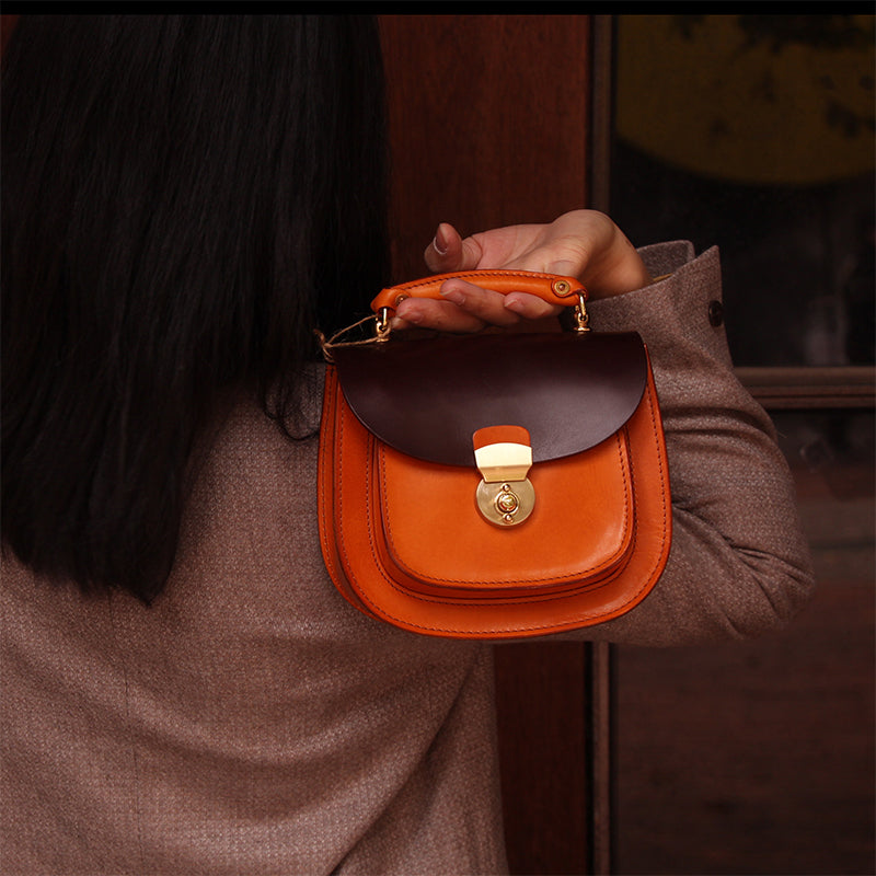Sac à Bandoulière et à Poignée Supérieure en Cuir Plein Grain Fait Main, Sac Classique de Tous les Jours en Noir/Marron Foncé