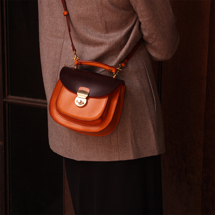 Sac à Bandoulière et à Poignée Supérieure en Cuir Plein Grain Fait Main, Sac Classique de Tous les Jours en Noir/Marron Foncé