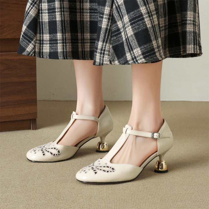 Elegant Handmade Cowhide Cutout T-Strap Mary Jane Pumps in Beige/Silver/Yellow