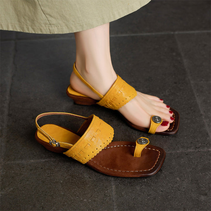 Handmade Horse Leather Boho Toe Ring Wedge Slingback Sandals in Yellow/Brown/Dark Green