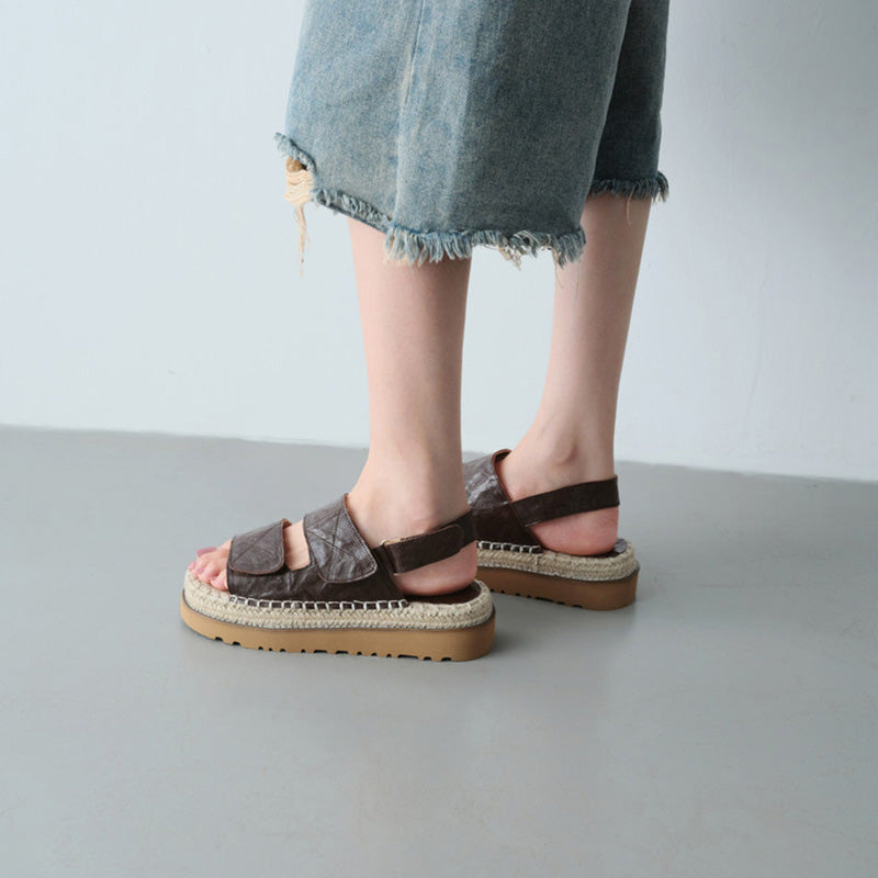 Sandales en cuir espadrilles à talon ouvert bohémiens pour femmes en rouge vin/marron