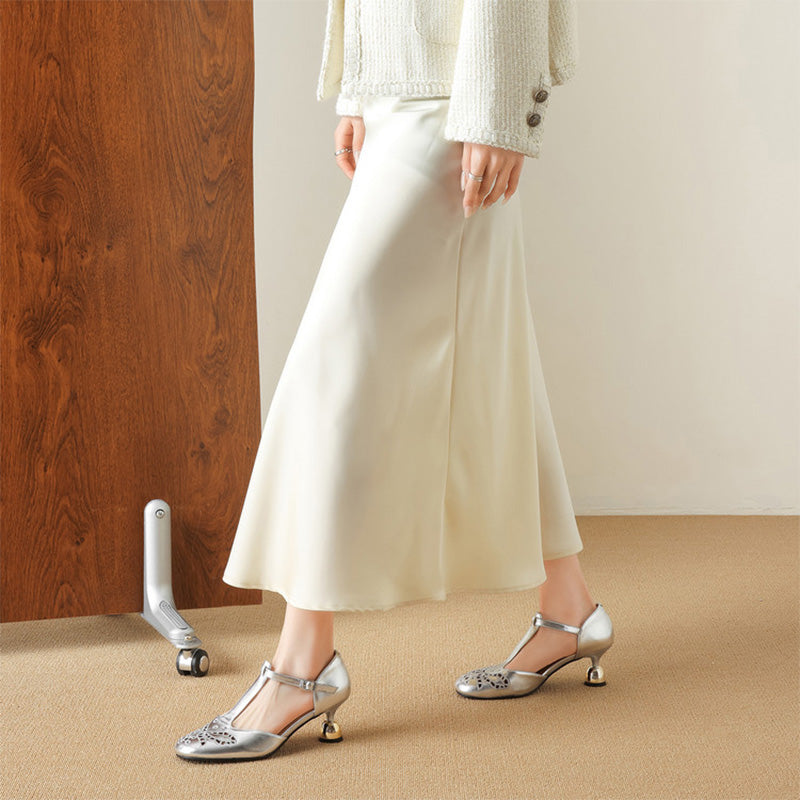Elegant Handmade Cowhide Cutout T-Strap Mary Jane Pumps in Beige/Silver/Yellow