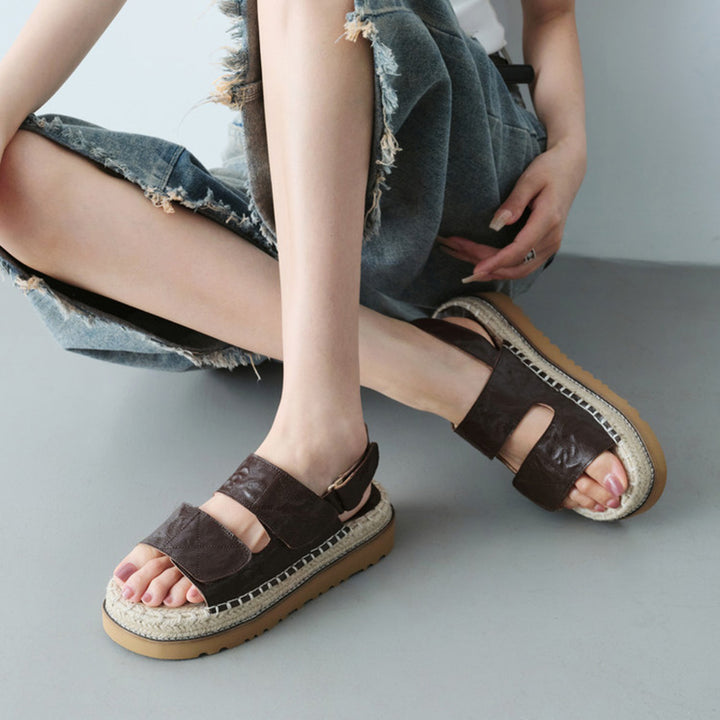 Sandales en cuir espadrilles à talon ouvert bohémiens pour femmes en rouge vin/marron