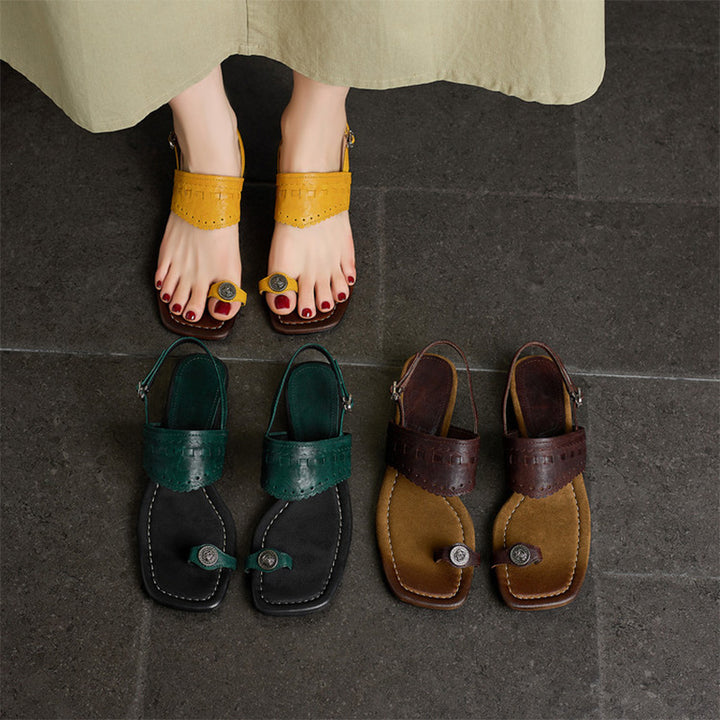 Handmade Horse Leather Boho Toe Ring Wedge Slingback Sandals in Yellow/Brown/Dark Green