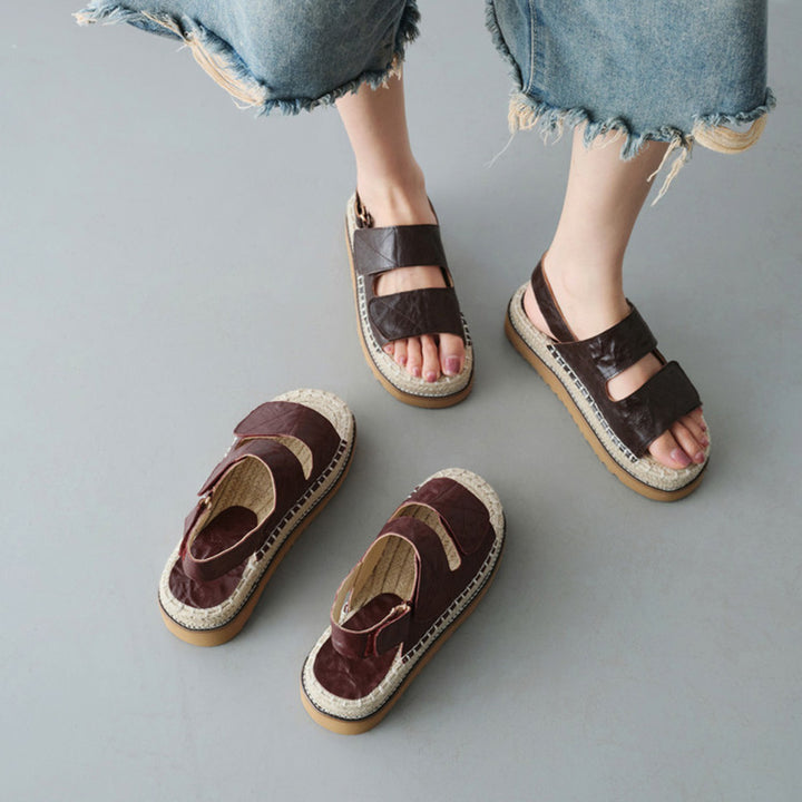 Sandales en cuir espadrilles à talon ouvert bohémiens pour femmes en rouge vin/marron