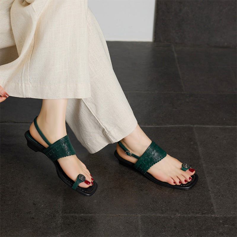 Handmade Horse Leather Boho Toe Ring Wedge Slingback Sandals in Yellow/Brown/Dark Green