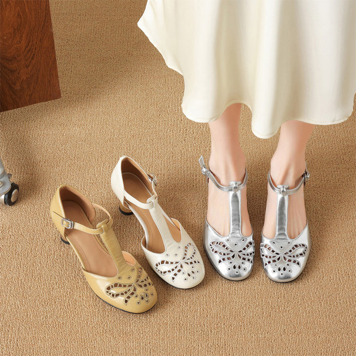 Elegant Handmade Cowhide Cutout T-Strap Mary Jane Pumps in Beige/Silver/Yellow