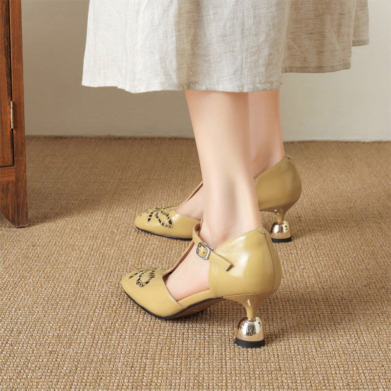 Elegant Handmade Cowhide Cutout T-Strap Mary Jane Pumps in Beige/Silver/Yellow