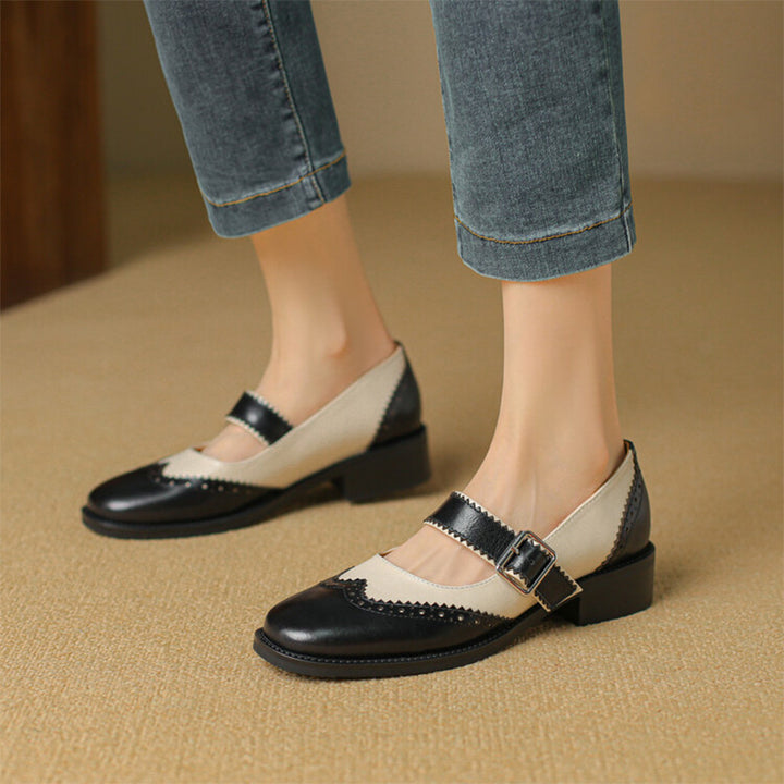 Handmade Two-Tone Leather Brogue Mary Jane Shoes for Women in Dark Brown/Black