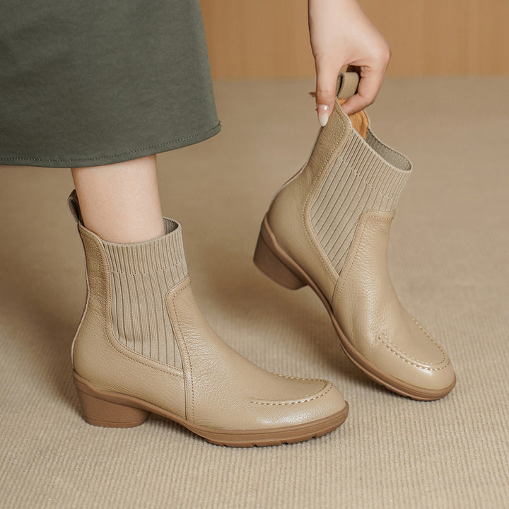 Women’s Handmade Soft Sheepskin Knit Chelsea Ankle Boots Casual Sock Boots in Black/Apricot