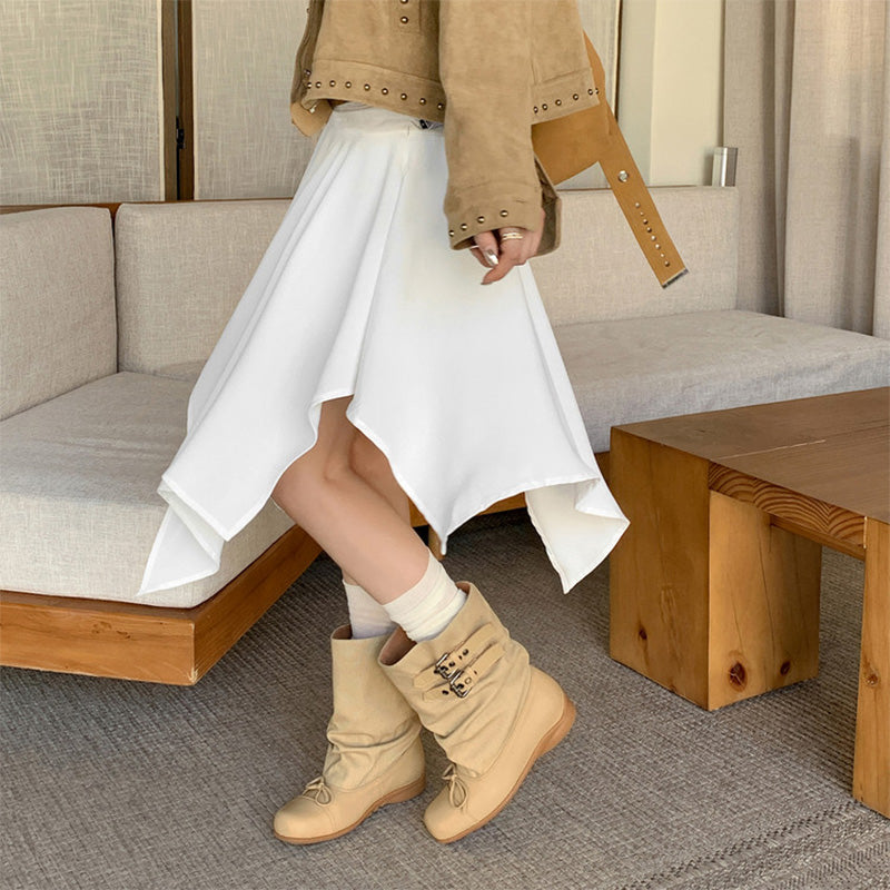 Handmade Slouchy Mid-Calf Boots Leather Buckle Boots with Bow Tie for Women in Black/Khaki