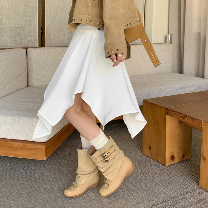 Handmade Slouchy Mid-Calf Boots Leather Buckle Boots with Bow Tie for Women in Black/Khaki
