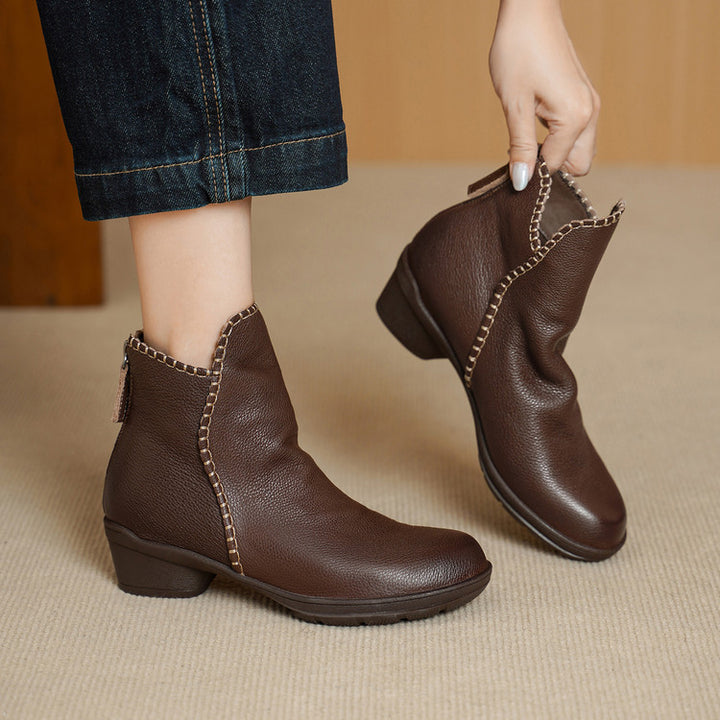 Mori Girl Full Grain Soft Leather Chunky Ankle Boots with Back Zipper in Black/Brown