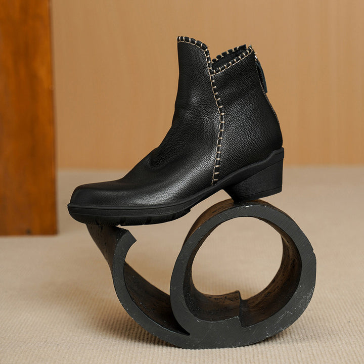 Mori Girl Full Grain Soft Leather Chunky Ankle Boots with Back Zipper in Black/Brown