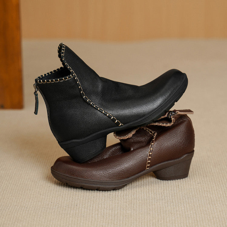 Mori Girl Full Grain Soft Leather Chunky Ankle Boots with Back Zipper in Black/Brown