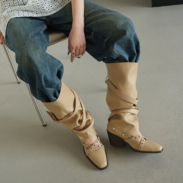 Bottes de cowboy en cuir faites à la main pour femmes, ornées de clous, mi-mollet, style rétro en noir