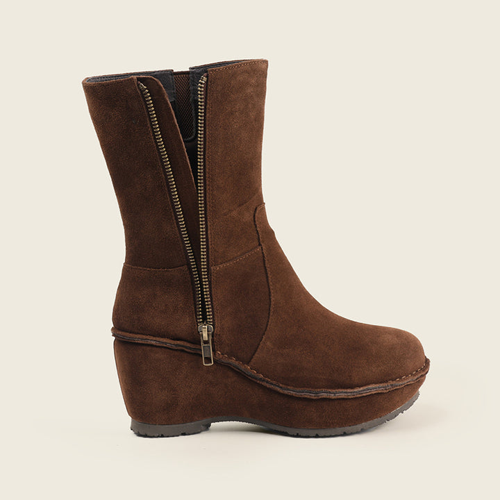 Handmade Nubuck Leather Wedge Mid-Calf Boots Wide Fit Platform Chelsea Boots in Coffee