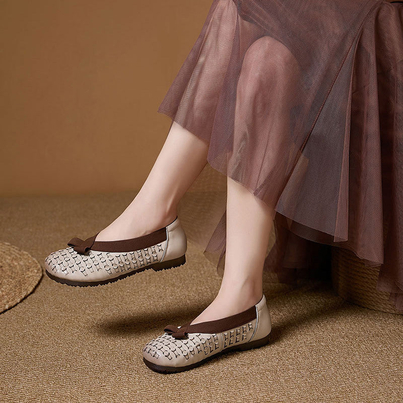 Mocassins à enfiler perforés rétro Mori Girl pour femmes en beige/café/jaune