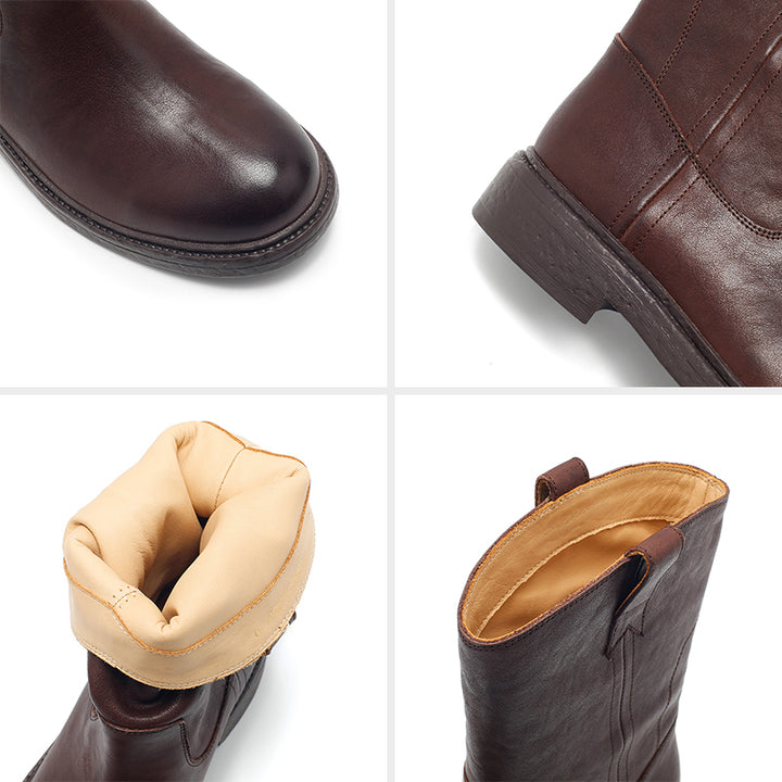 Dwarves Leather Pull-On Western Mid-Calf Boots Cowboy Boots in Reddish Brown/Black/Yellow