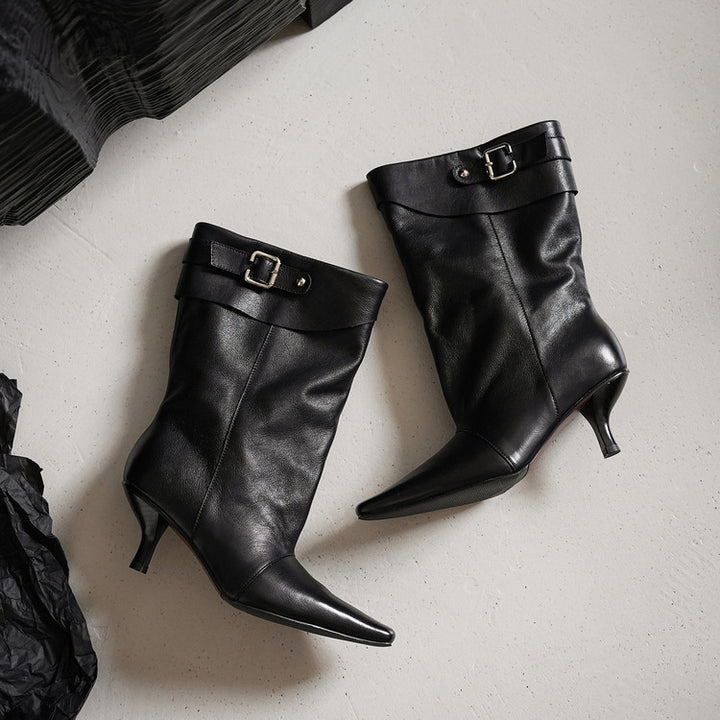 Vintage Soft Leather Fold-Over Cuff Slouch Mid-Calf Boots in Caramel/Black
