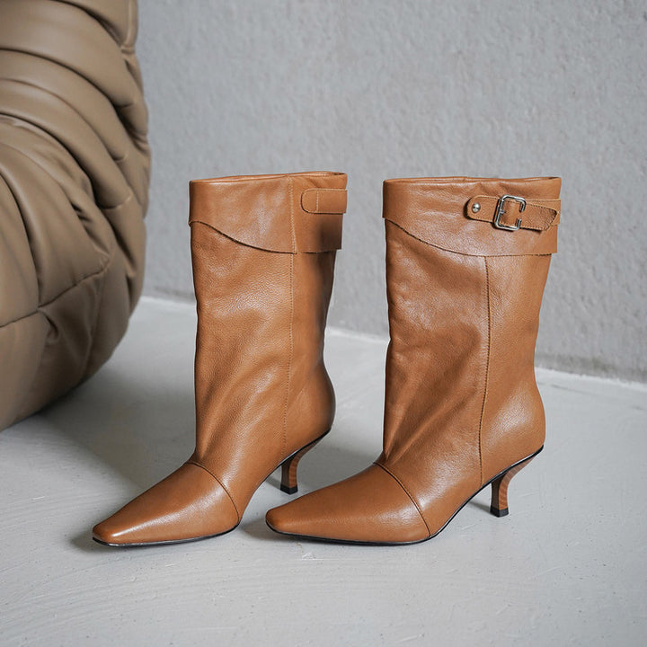 Vintage Soft Leather Fold-Over Cuff Slouch Mid-Calf Boots in Caramel/Black