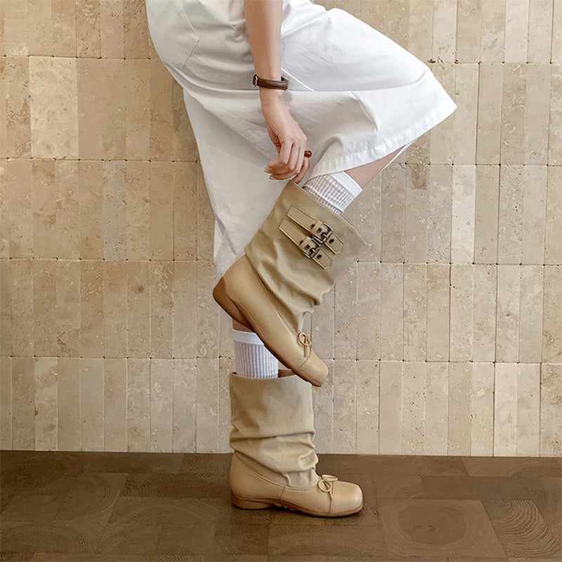 Handmade Slouchy Mid-Calf Boots Leather Buckle Boots with Bow Tie for Women in Black/Khaki