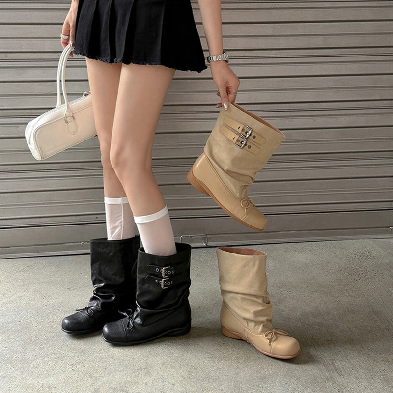 Handmade Slouchy Mid-Calf Boots Leather Buckle Boots with Bow Tie for Women in Black/Khaki
