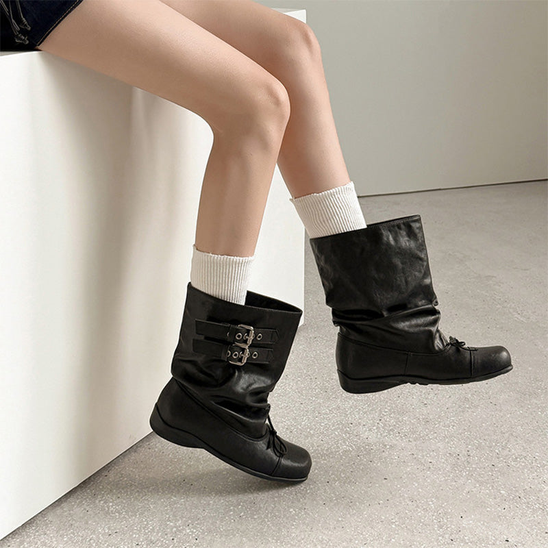 Handmade Slouchy Mid-Calf Boots Leather Buckle Boots with Bow Tie for Women in Black/Khaki