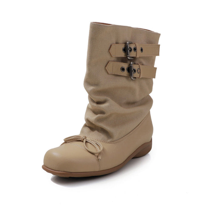 Handmade Slouchy Mid-Calf Boots Leather Buckle Boots with Bow Tie for Women in Black/Khaki