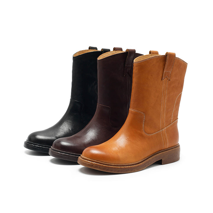 Dwarves Leather Pull-On Western Mid-Calf Boots Cowboy Boots in Reddish Brown/Black/Yellow