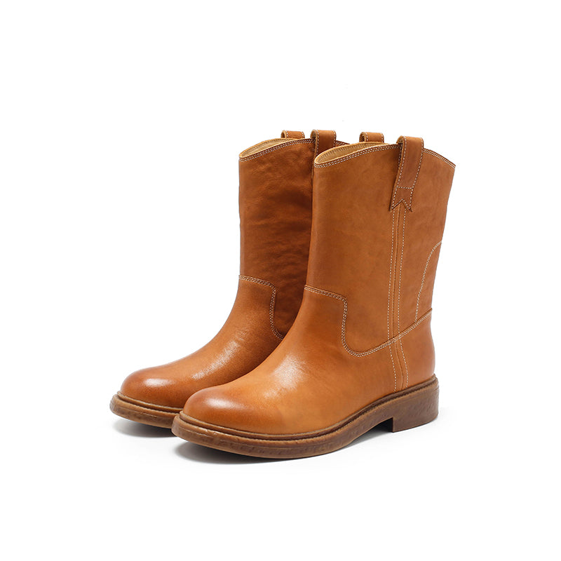Dwarves Leather Pull-On Western Mid-Calf Boots Cowboy Boots in Reddish Brown/Black/Yellow