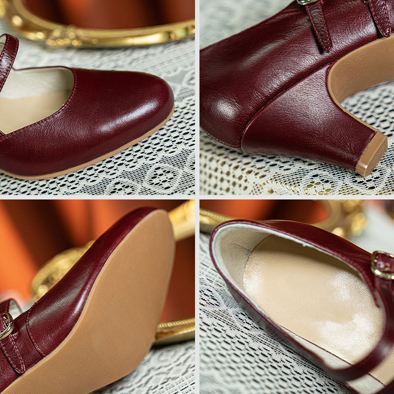 Pompes Mary Jane à double bride en cuir ciré vintage faites à la main en rouge/rouge vin/cognac