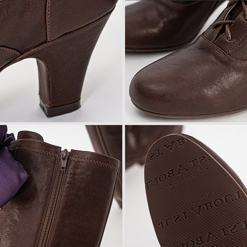Handmade Victorian Lace-Up Knee High Boots Purple Bow Louis Heel Corset Boots in Coffee