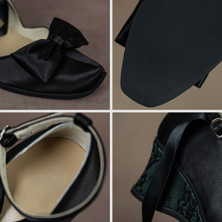 Gothic Lolita Black Satin Wedge Heels Handmade Square Toe Bow Shoes in Blue/Green/Purple