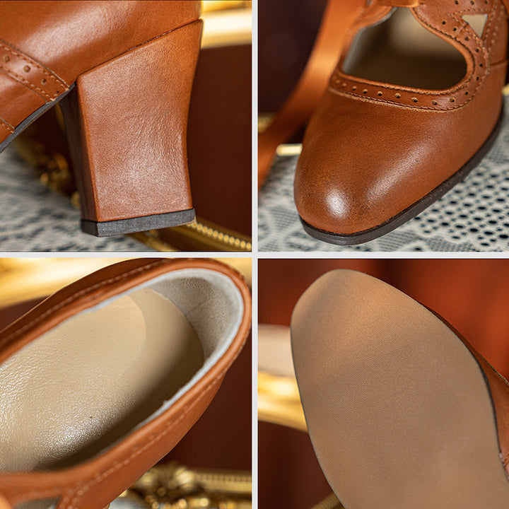 Vintage Brogue Ribbon Tie Mary Jane Heels Handmade Leather Cutout Pumps in Light Brown