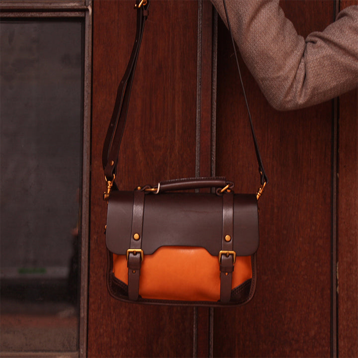 Sac Cambridge à Blocs de Couleurs, Sac à Main Classique en Cuir Plein Grain en Jaune/Vert/Marron
