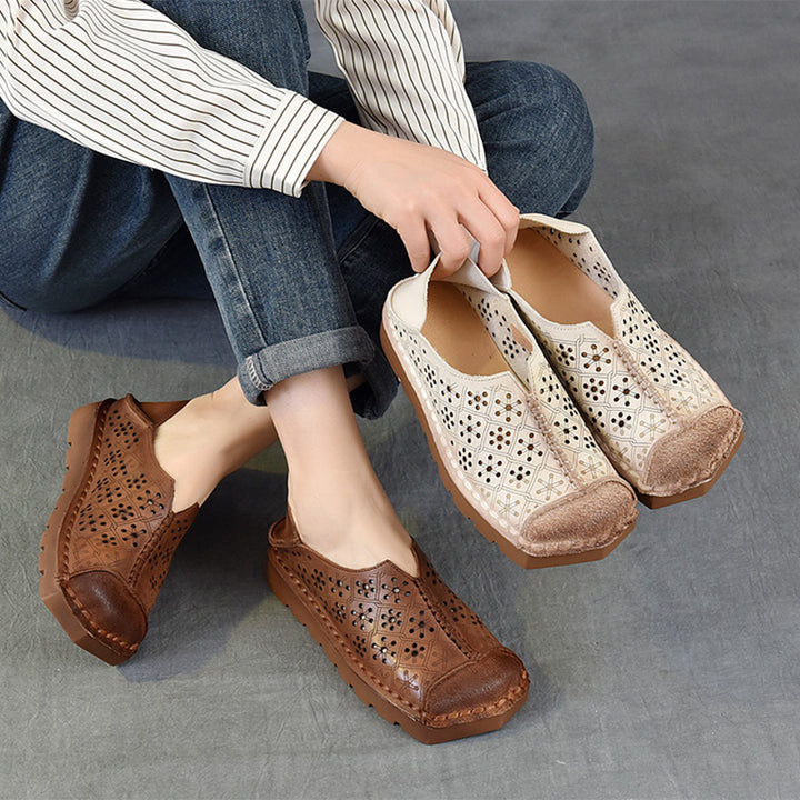 Mocassins en Cuir Artisanaux pour Femmes Chaussures de Fille Mori à Bout Rond Chaussures Plates Rétro Abricot/Café