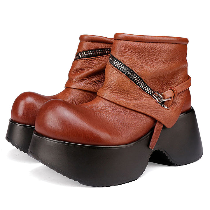 Retro Punk Slouchy Platform Ankle Boots Big Toe Wide Fit Cowhide Booties in Black/Brown