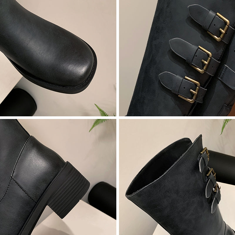 Bottes de moto en cuir mi-mollet vintage pour femmes avec design à triple boucle en noir/marron