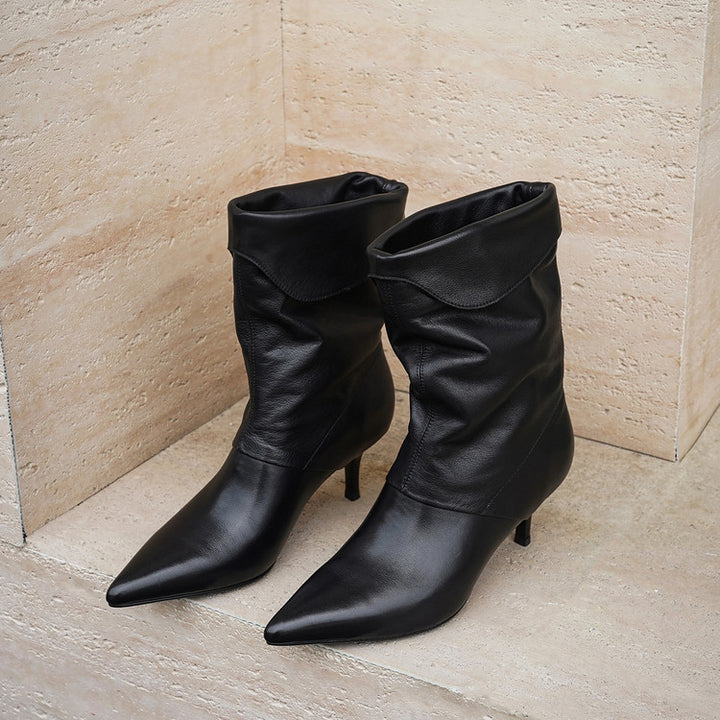 Pointed Toe Fold-Over Cuff Slouch Mid-Calf Boots 60mm Stiletto Heel Leather Boots in Apricot/Black