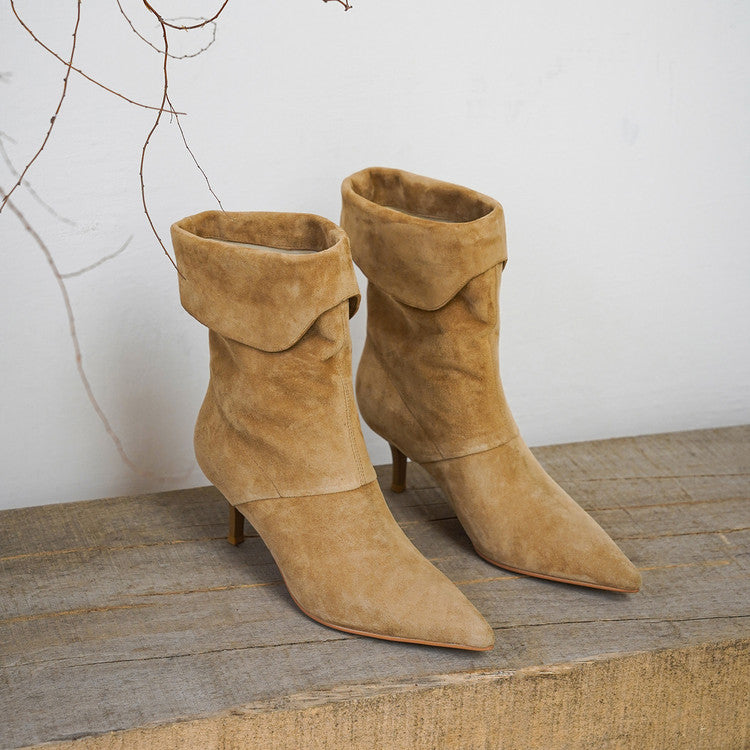 Pointed Toe Fold-Over Cuff Slouch Mid-Calf Boots 60mm Stiletto Heel Leather Boots in Apricot/Black