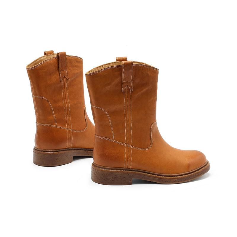 Dwarves Leather Pull-On Western Mid-Calf Boots Cowboy Boots in Reddish Brown/Black/Yellow