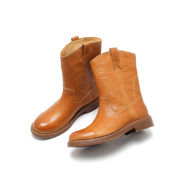 Dwarves Leather Pull-On Western Mid-Calf Boots Cowboy Boots in Reddish Brown/Black/Yellow