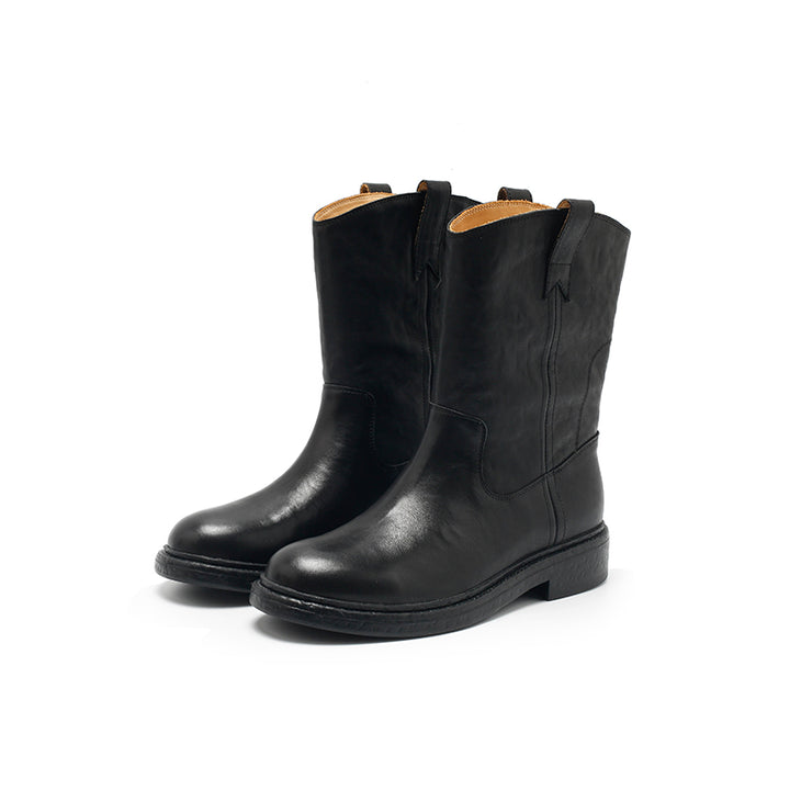 Dwarves Leather Pull-On Western Mid-Calf Boots Cowboy Boots in Reddish Brown/Black/Yellow