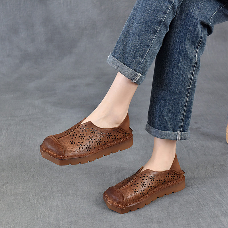 Mocassins en Cuir Artisanaux pour Femmes Chaussures de Fille Mori à Bout Rond Chaussures Plates Rétro Abricot/Café
