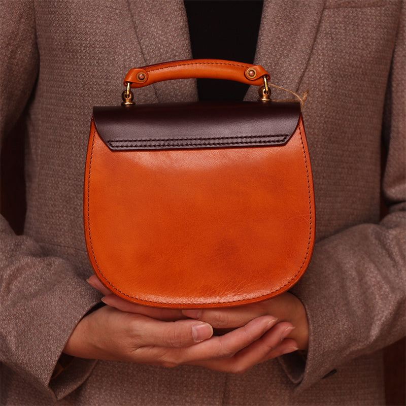 Sac à Bandoulière et à Poignée Supérieure en Cuir Plein Grain Fait Main, Sac Classique de Tous les Jours en Noir/Marron Foncé