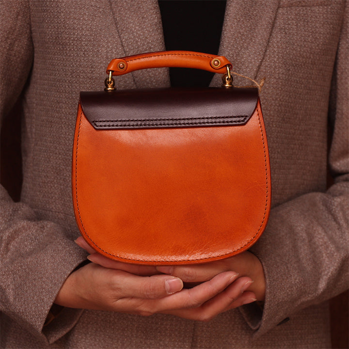 Sac à Bandoulière et à Poignée Supérieure en Cuir Plein Grain Fait Main, Sac Classique de Tous les Jours en Noir/Marron Foncé